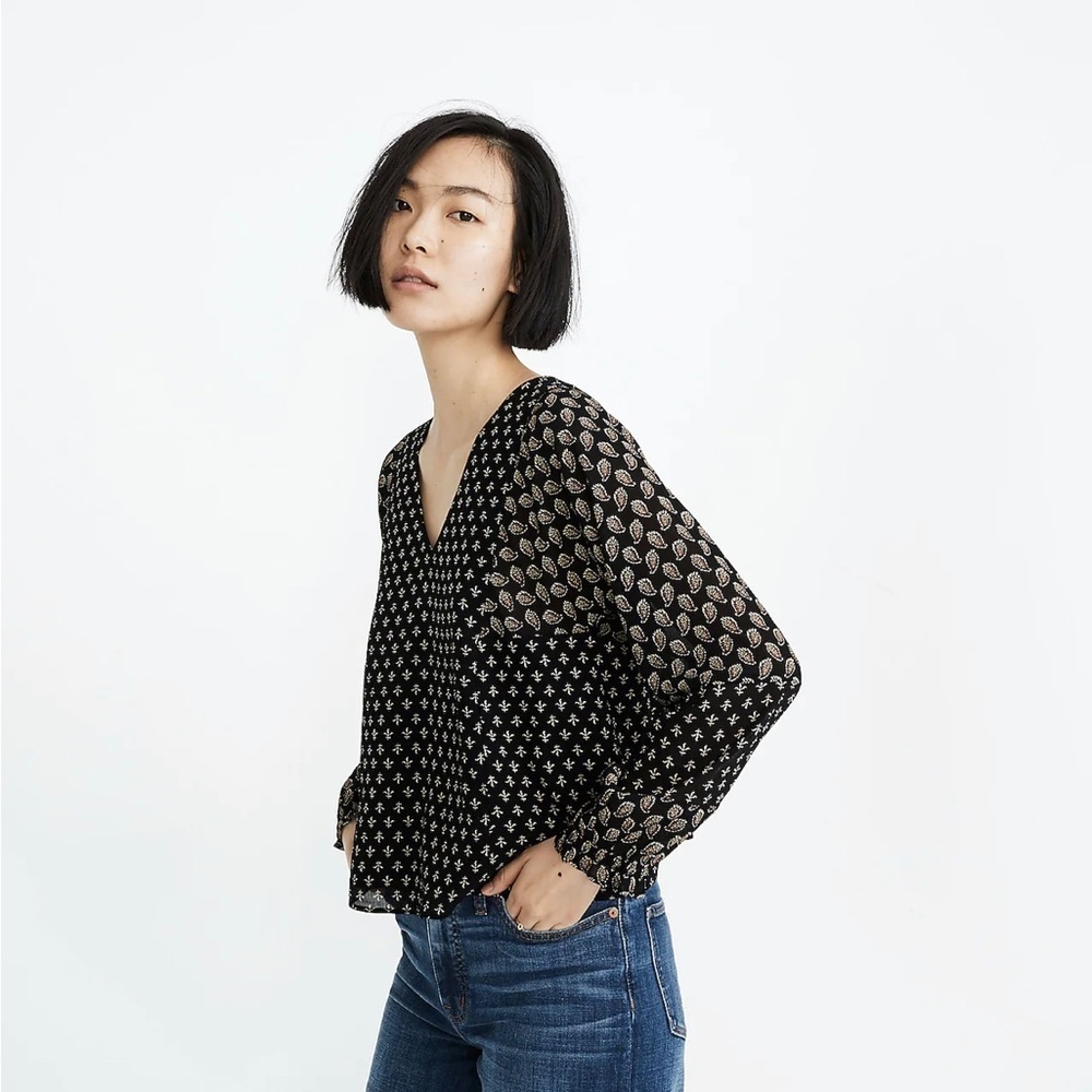MADEWELL Sheer-Sleeve Top in Brushstroke Paisley Mix xs